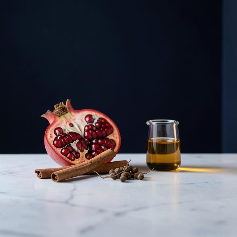 Pomegranate, cinnamon and botanical extract arranged on a laboratory surface